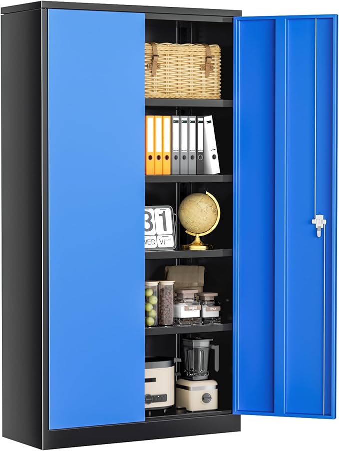 SUNCROWN 72" Metal Storage Cabinet - Heavy-Duty Metal Garage Cabinet with 4 Adjustable Shelves & 2 Doors for Tools, Office, Home, Workshop,Black & Blue