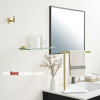 JQK Bathroom Glass Shelf Gold, Tempered Glass Shower Storage 16 by 5 inches, 304 Stainless Steel Brushed Gold Wall Mount 2 Pack, TGS101L16-BG-P2