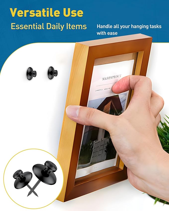 Uniclife 60 Pcs Double Headed Picture Hanging Nails, Picture Hangers, Push Pins for Wall, Double Headed Thumb Tacks, Metal Thumbtacks, Wall Hooks for Art, Photo Frame, Tapestry & Decor, Black