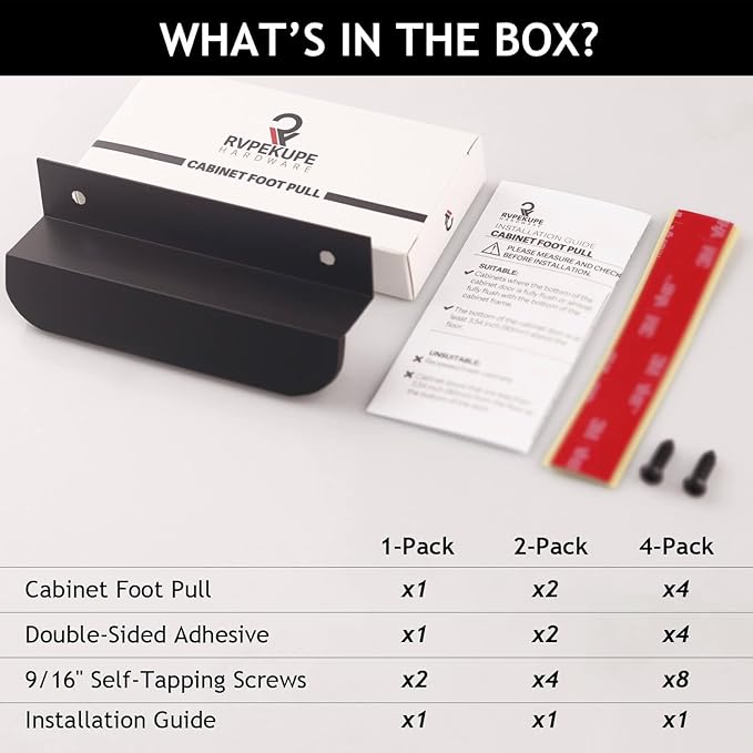2-Pack Under Cabinet Foot Pull with Adhesive and Screws, Hands Free Toe Foot Pull Opener for Kitchen Trash Cabinet Drawer, 4 Inch (Matte Black)