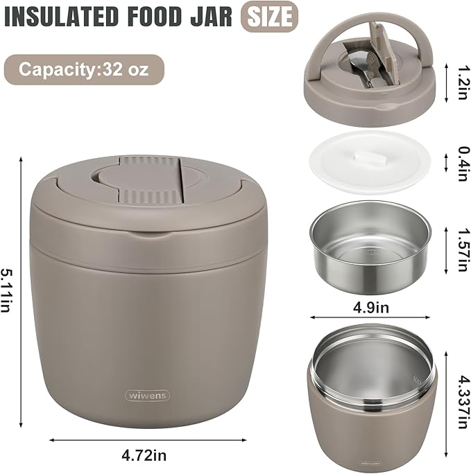 Thermo Food Jar for Hot Food Adults 32OZ Soup Thermo Lunch Containers Wide Mouth Vacuum Insulated Stainless Steel Leakproof Bento Box with Spoon (Khaki)