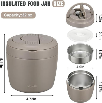 Thermo Food Jar for Hot Food Adults 32OZ Soup Thermo Lunch Containers Wide Mouth Vacuum Insulated Stainless Steel Leakproof Bento Box with Spoon (Khaki)