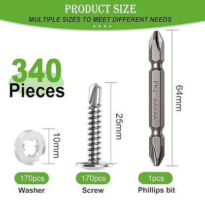 mxuteuk 340PCS #8×1" Self Tapping Screws,410 Stainless Steel Self Drilling Screws,Phillips Modified Truss Head Self Tapping Screw for Metal,Plastic,Wood(170pcs Silver Screw+170pcs Washer)