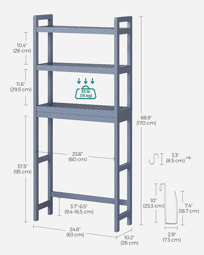 SONGMICS Over The Toilet Storage, 3-Tier Over Toilet Bathroom Organizer with Adjustable Shelf, 10.2 x 24.8 x 66.9 Inches, Space-Saving, Gray UBTS001G01