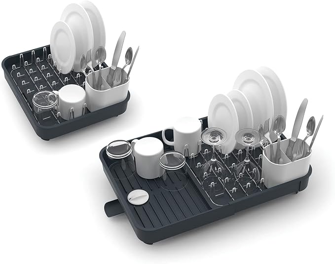 Joseph Joseph Extendable Dish Drying Rack with Expanding Dual Parts, Non-Scratch, Movable Silverware Drainer & Drainage Spout, Grey