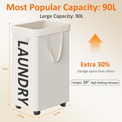 Laundry Basket with Wheels, 90L Rolling Laundry Hamper with Wheels, Large Clothes Hamper on Wheel with Removable Mesh Bag for Bedroom, Bathroom, Dorm, White