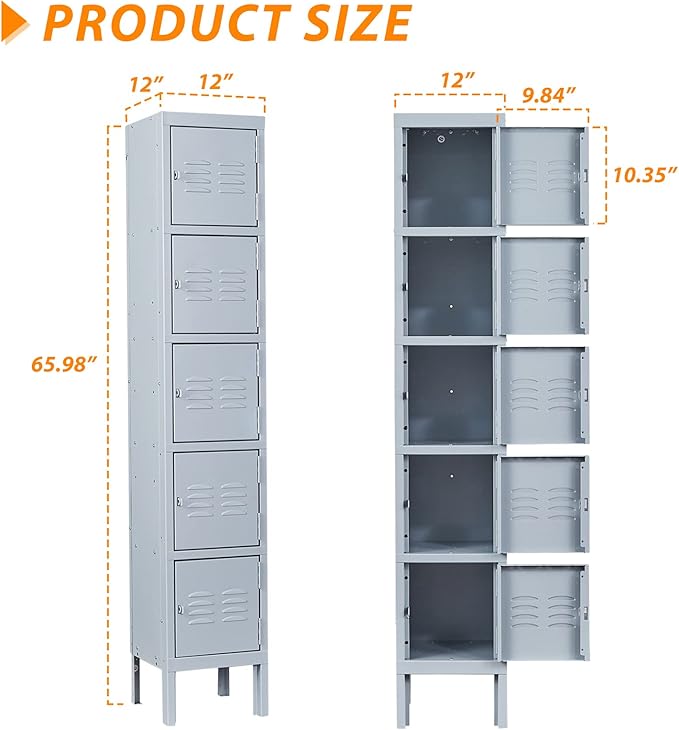Metal Locker with 5 Doors, 5 Tier Steel Storage Lockers for School, Home, Office, Gym (Grey)