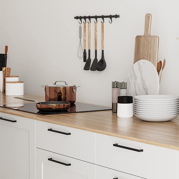 Ravinte 5 Pack Solid 6-1/4 Inch Center to Center Slim Square Bar Drawer Handles Kitchen Cabinet Hardware Matte Black Pulls