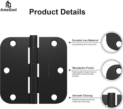Black Door Hinges - 36 Pack Matte Black Door Hinges 3.5 Inch with 5/8" Radius Corners - Black Hinges for Interior and Exterior Doors - Heavy Duty 3 1/2" Residential Door Hardware
