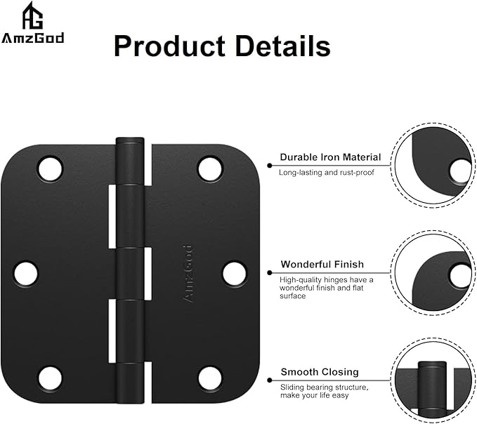 Black Door Hinges - 18 Pack Matte Black Door Hinges 3.5 Inch with 5/8" Radius Corners - Black Hinges for Interior and Exterior Doors - Heavy Duty 3 1/2" Residential Door Hardware