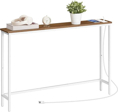 HOOBRO Narrow Console Table with Power Outlets, 44.9 Inches Sofa Table, Slim Behind Couch Table, Entryway Table with Display Shelf, for Living Room, Foyer, Hallway, Walnut and White WH114UXG01