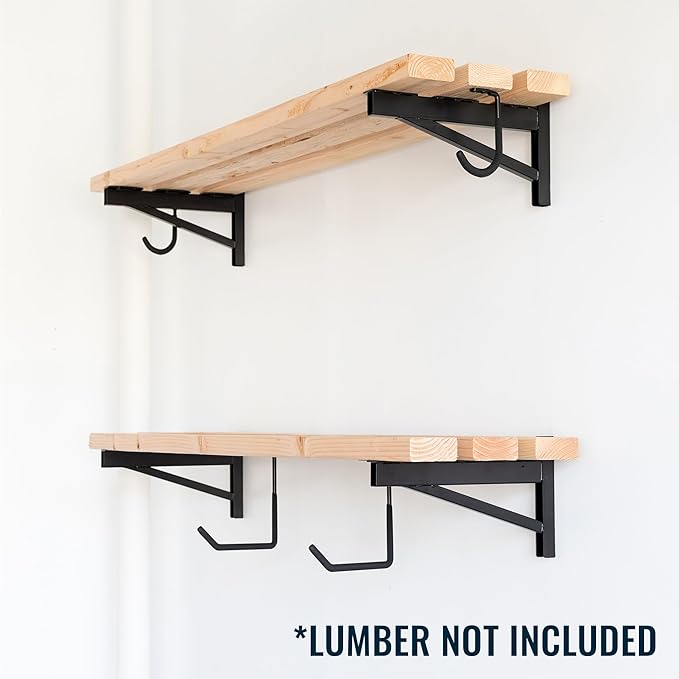 StoreYourBoard 14 Inch Heavy Duty Shelf Brackets, Set of 4 for 1' x 4' DIY Garage Wall Shelves, Holds 600 lbs, Solid Steel, Includes 4 Hooks for Hanging Storage, 14" x 1" x 8.5"