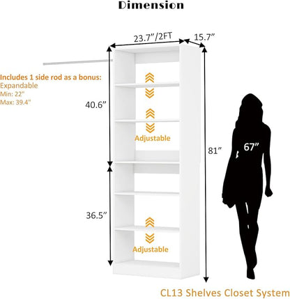 Closet System with 6 Shelves, 2FT Closet Organizer System Small Walk-in Closet Freestanding Corner Closets Shelf Storage Unit White (2FT)