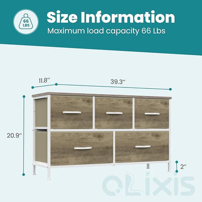 OLIXIS Dresser for Bedroom with 5 Drawers, Wide Chest of Drawers, Fabric Bedroom Dresser with Drawer Organizer, Storage Organizer Unit with Fabric Bins for Closet, Living Room, Hallway, Greige Oak
