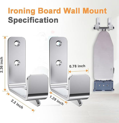 2PCS Ironing Board Wall Hook Modern Wall Mount Ironing Board Hanger for Laundry Rooms Rack Hanging Shelf Hanger Stainless Steel,Silver