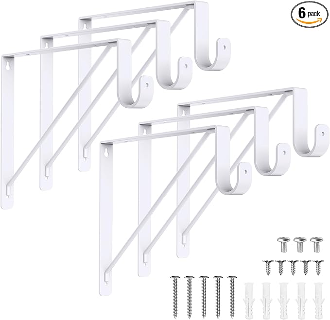 6 Pack Closet Rod Bracket, Heavy Duty Closet Rod Support with Rod Holder, Wall Mounted Closet Shelf Brackets with Triangle Stabilizing Design for Closet, Bathroom and Kitchen, White