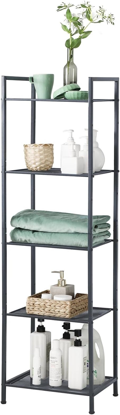 SONGMICS 5-Tier Storage Rack, Bathroom Shelf, Extendable Plant Stand with Adjustable Shelf, for Bathroom, Living Room, Balcony, Kitchen, Black UBSC35BK, 11.8 x 15 x 50.4 Inches