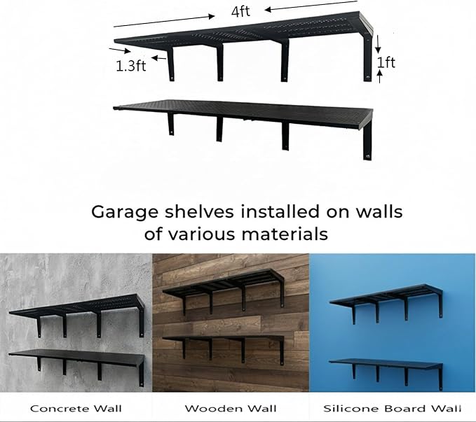 2-Pack Folding Shelving Wall Mounted 16x48 Inch, Heavy Duty Metal Wall Shelves,300lbs Capacity Storage Rack for Garage Organization System, Black