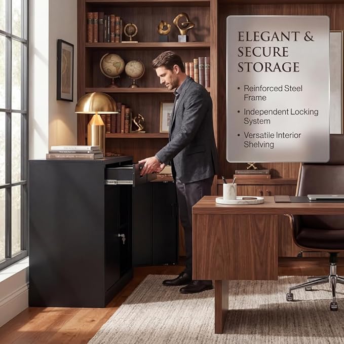 CJF Metal Storage Cabinet, Locking Storage Cabinet with 1 Drawer and Adjustable Shelf, 36" H x 28" W x 16" D Metal Cabinets for Office, Home, Garage -Black