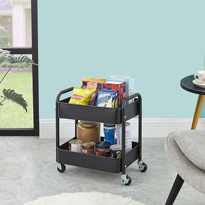 Melody House 2 Tier All-Metal Rolling Storage Cart with Handle and Locking Wheels - Kitchen, Laundry, Office, Bathroom Organizer, Black