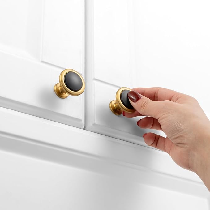 KOOFIZO 10 Pack Black and Gold Kitchen Cabinet Knobs Matte Black and Gold Drawer Knobs 1960 Round Single Hole Cabinet Pulls for Cabinets Drawers Dresser Cupboard Bedroom Bathroom
