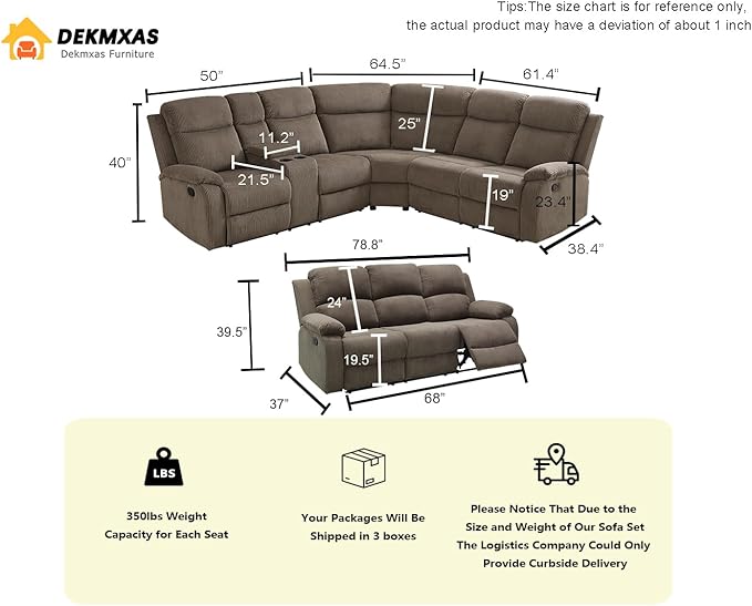 4PCS Living Room Furniture Sets, Brown Reclining Sectional Sofa Set with 4 Recliner Seats, Corduroy Reclining Sofa with Storage Console, Drop-Down Table, Cup Holders for Living Room, Bedroom