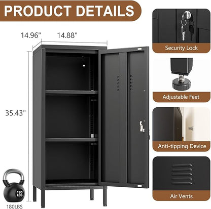 35.43" Metal Storage Locker with Lockable, Metal Steel Locker for Employees with 1 Door ＆ 2 Adjustable Shelves, Small Locker Storage Cabinets for Home, School, Office, Gym (Black)