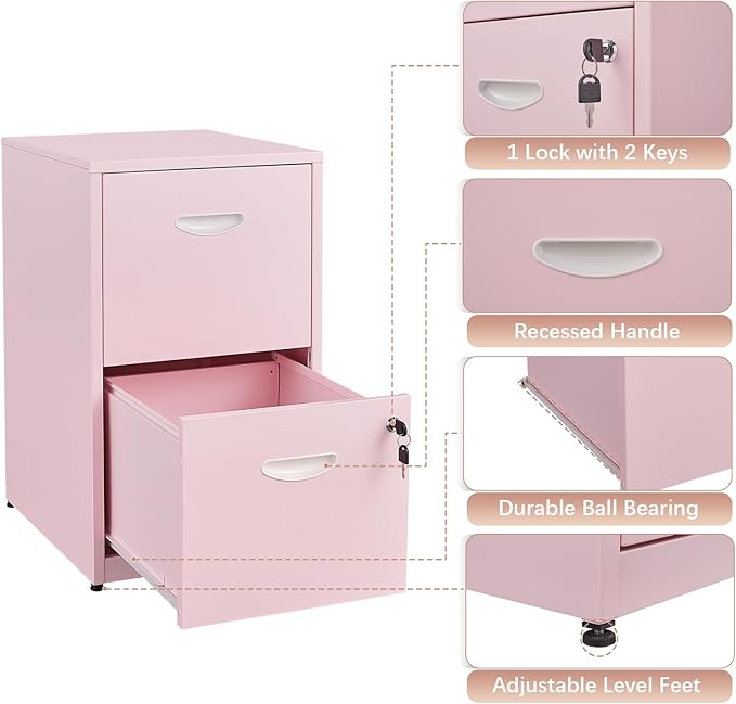Pink Under Desk File Cabinet, 2 Drawer Locking Cabinet for Home Office, Letter Size - Assembly Required