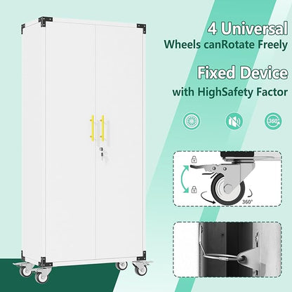 71" Garage Storage Cabinet with Hanging Rod,Lockable Metal Broom Closet Storage Cabinet with 4 Adjustable Shelves for Tools,Garage Home,Office Required Assembly,White