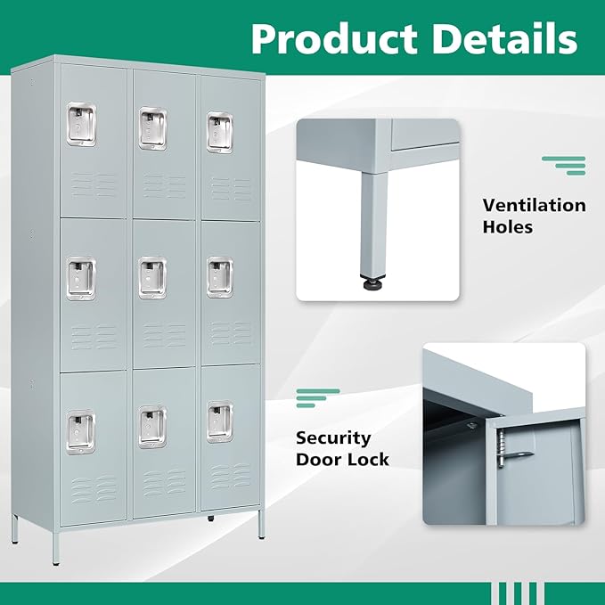 Letaya Metal Lockers for Employees-9 Door Storage Locker with Shelves and Lockable Steel Cabinet for School,Gym,Office,Staff (Gray, 9 Door)
