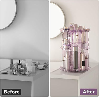 Rotating Makeup Organizer for Vanity, DIY Adjustable Tray Spinning Skincare Organizers Countertop, Cosmetic Display Case with Perfume Tray Brush Holder, Bathroom Desk Corner Storage Carousel Rack