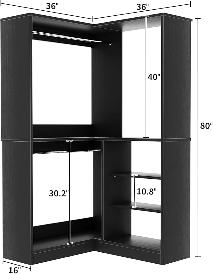 Unikito Corner Closet System, 36” Large Freestanding Closet Organizer Tower with 2 Hanging Rods and Storage Shelves, Sturdy Walk in Closet Kits for Bedroom and Entryway, 36" W x 36" D x 80" H, Black