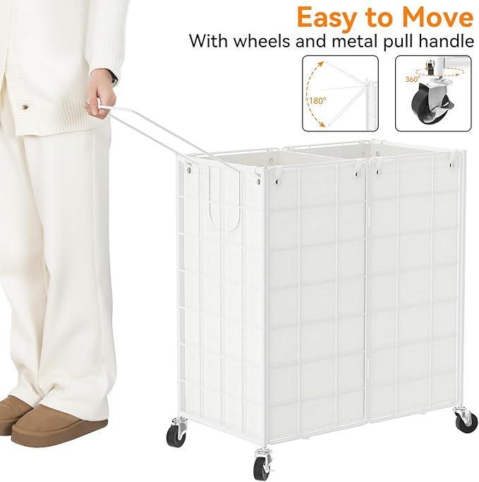 WOWLIVE Double Laundry Hamper with Wheels,Metal Wire Frame Rolling Laundry Basket with 2 Removable bags,120L Dirty Clothes Hamper Organizer Dorm Room Storage for Bedroom,Bathroom,White