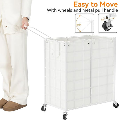 WOWLIVE Double Laundry Hamper with Wheels,Metal Wire Frame Rolling Laundry Basket with 2 Removable bags,120L Dirty Clothes Hamper Organizer Dorm Room Storage for Bedroom,Bathroom,White