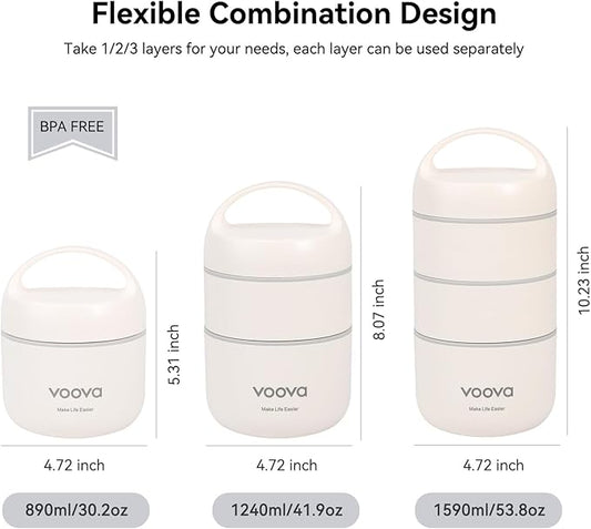 Voova Stackable Stainless Steel Thermal Lunch Box with Lunch Bag and Cultery Set for Adult Women Men, 3 Tier Leakproof & Microwave Safe Insulated Bento Boxes Food Container for Work, Beige