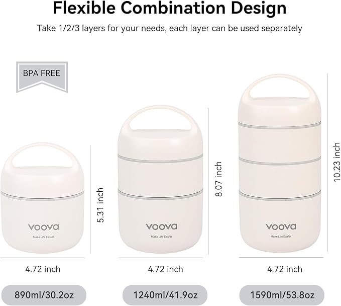 Voova Stackable Stainless Steel Thermal Lunch Box with Lunch Bag and Cultery Set for Adult Women Men, 3 Tier Leakproof & Microwave Safe Insulated Bento Boxes Food Container for Work, Black