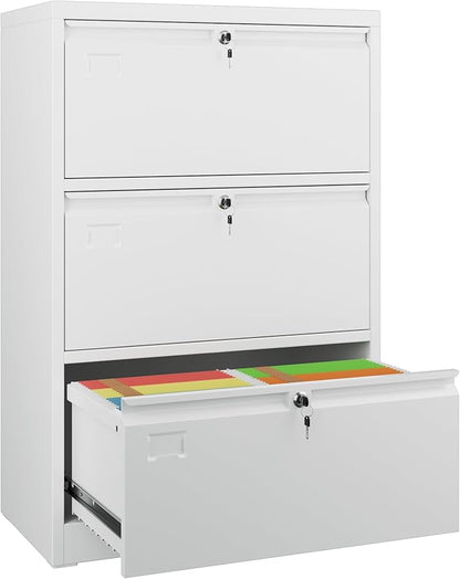 Metal Lateral File Cabinet with 3 Drawers,Wide Metal Filing Cabinet with Lock,Metal File Cabinet for Letter/Legal/A4, Assembly Required,White