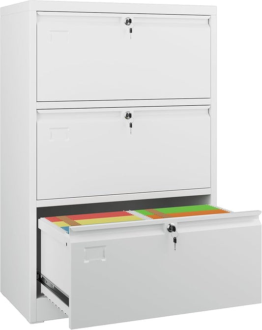 Metal Lateral File Cabinet with 3 Drawers,Wide Metal Filing Cabinet with Lock,Metal File Cabinet for Letter/Legal/A4, Assembly Required,White