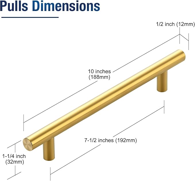 JOY DECOR 25 Pack 10 Inch Cabinet Pulls Kitchen Cabinet Handles with 7-1/2 Inch Hole Center Brushed Brass Cabinet Hardware Stainless Steel Kitchen Drawer Pulls 192mm Hole Centers