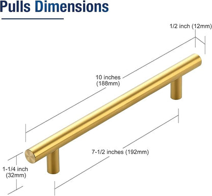 JOY DECOR 25 Pack 10 Inch Cabinet Pulls Kitchen Cabinet Handles with 7-1/2 Inch Hole Center Brushed Brass Cabinet Hardware Stainless Steel Kitchen Drawer Pulls 192mm Hole Centers