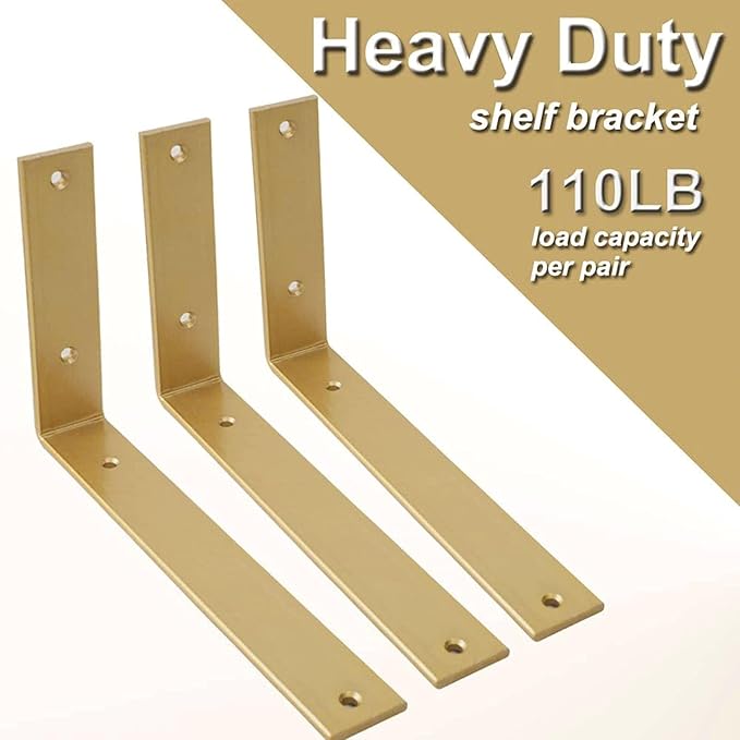 Shelf Brackets 10 Inch Wall L Brackets 8PCS Heavy Duty for Shelves Metal Gold Rustic Industrial Brackets for DIY Opening Shelves Project Hardware Included