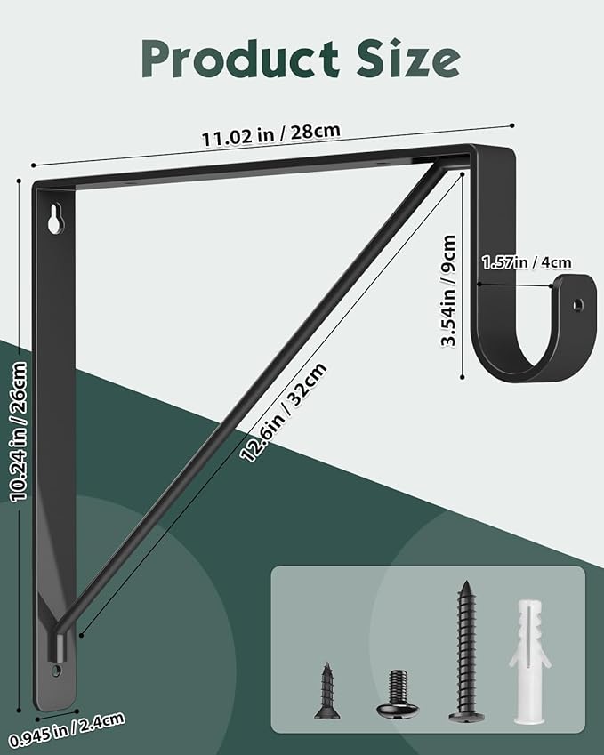 4 Pack Closet Rod Bracket, Heavy Duty Closet Rod Support with Rod Holder, Wall Mounted Closet Shelf Brackets with Triangle Stabilizing Design for Closet, Bathroom and Kitchen, Black