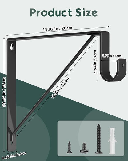 2 Pack Closet Rod Bracket, Heavy Duty Closet Rod Support with Rod Holder, Wall Mounted Closet Shelf Brackets with Triangle Stabilizing Design for Closet, Bathroom and Kitchen, Black