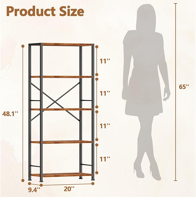 Furologee 5 Tier Book Shelf Set of 2, Tall Wide Bookshelf, Industrial Open Bookcase, Display Shelves Storage Organizer, Shelving Unit for Living Room, Home Office, Bedroom, Rustic Brown