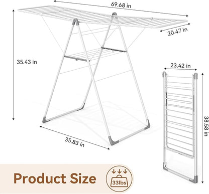 APEXCHASER Clothes Drying Rack, Foldable Drying Rack Clothing, Sturdy Metal Laundry Drying Rack, Height-Adjustable Gullwing, Easy to Fold, Space-Saving, for Indoor Outdoor, White