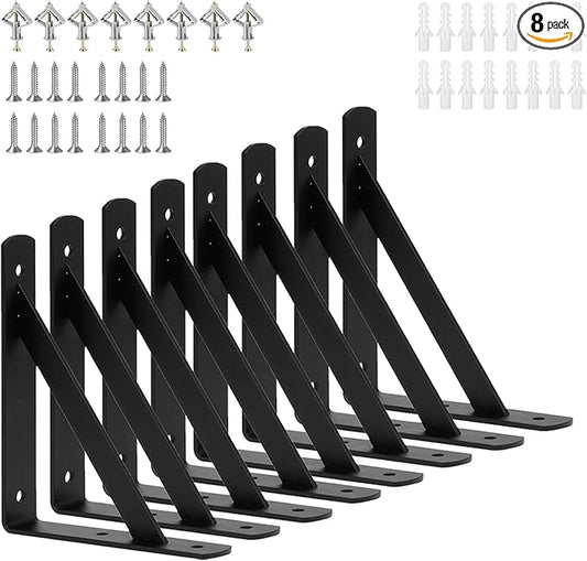 8 Pack L 6" x H 4" Heavy Duty Shelf Brackets with Screws, Black Metal, Wall Mount, 8 Count