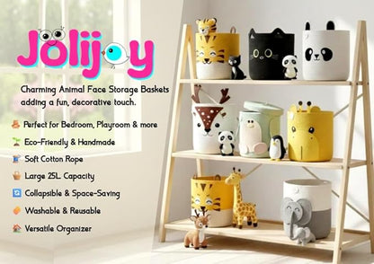 Collapsible Kids Laundry Basket & Toy Storage Organizer | Large Tiger Woven Cotton Rope Bin for Stuffed Plushies | Cute Animal Design Hamper with Cutout Handles for Nursery, Playroom & Living (Tiger)
