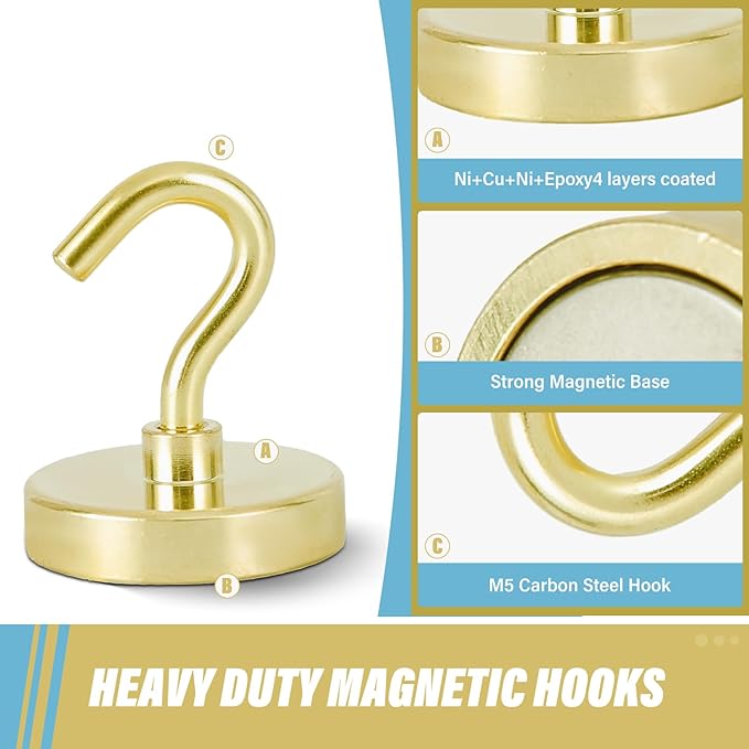 Neosmuk Magnetic Hooks, Heavy Duty 130lb+ Strong Magnet Hook for Cruise Cabins, Cruise Ship Essentials for Hanging, Metal Wall Refrigerator Hangers (Golden, 10 Pack)