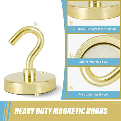 Neosmuk Magnetic Hooks, Heavy Duty 130lb+ Strong Magnet Hook for Cruise Cabins, Cruise Ship Essentials for Hanging, Metal Wall Refrigerator Hangers (Golden, 10 Pack)