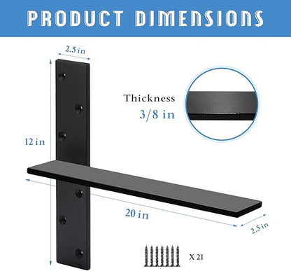 Floating Shelf Bracket 3/8" Thick Heavy Duty Shelf Brackets Black 3 Pack Free Hanging Countertop Support Bracket 20" Lx2.5 W Floating Wall Brackets for Cabinets, Dishwasher, Bench Seats Vanities